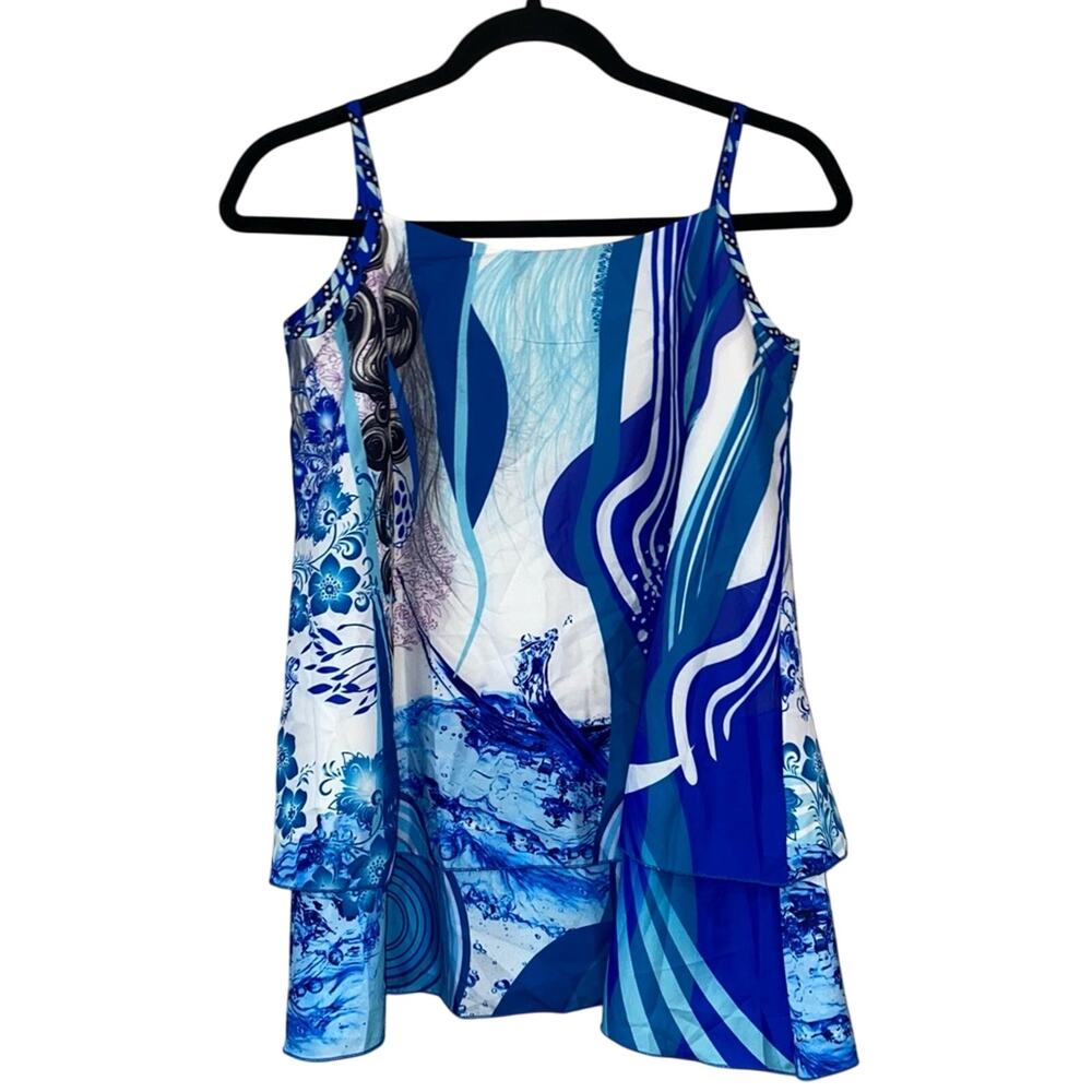Layered Blue Abstract Tank Top Small Flowy Strappy Asymmetrical‎ Summer Top